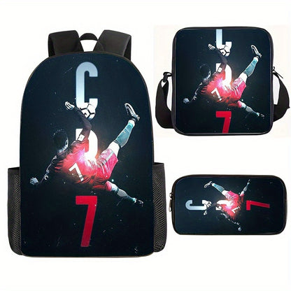 3pcs Backpack Set, Football Player Print, Suitable For Teenagers, Boys And Girls, Durable Lightweight, Suitable For Students
