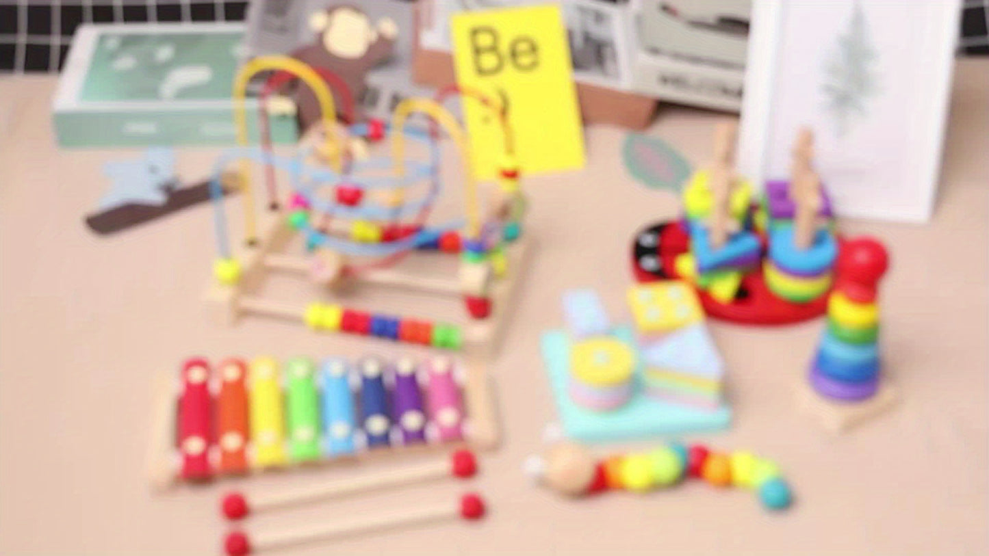 5-in-1 Montessori Nursery Wooden Eight Piano Set Gifts, Enlightenment Clock Toys, Caterpillar Shaped, Multifunctional Teaching Toys, Building Blocks Focus Exercise Toys