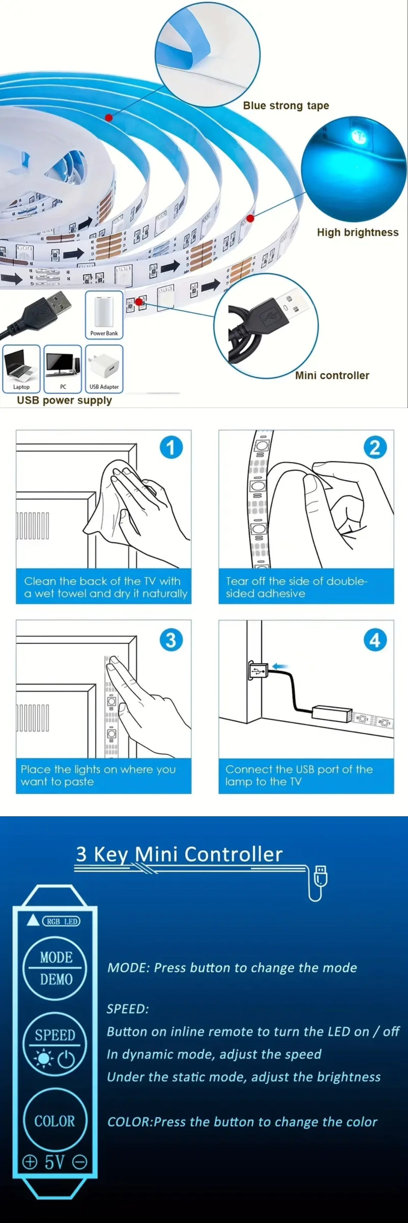 1 Set RGB 5050 LED Strip Lights, 3 Key Remote Control, 5V USB LED Strip Flexible Ribbon Diode Strap, For TV Backlight Room Decoration, Night Light For Party Use