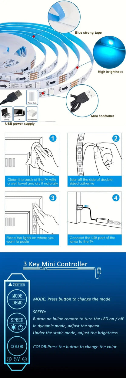 1 Set RGB 5050 LED Strip Lights, 3 Key Remote Control, 5V USB LED Strip Flexible Ribbon Diode Strap, For TV Backlight Room Decoration, Night Light For Party Use