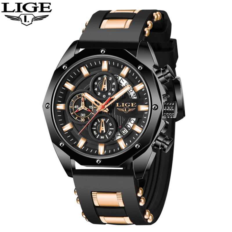 LIGE Mens Watches With Silicone Strap Sport Chronograph Quartz Watch