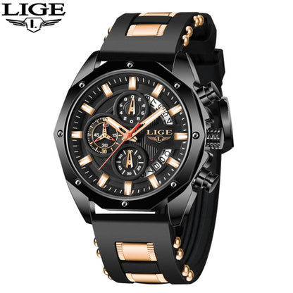 LIGE Mens Watches With Silicone Strap Sport Chronograph Quartz Watch