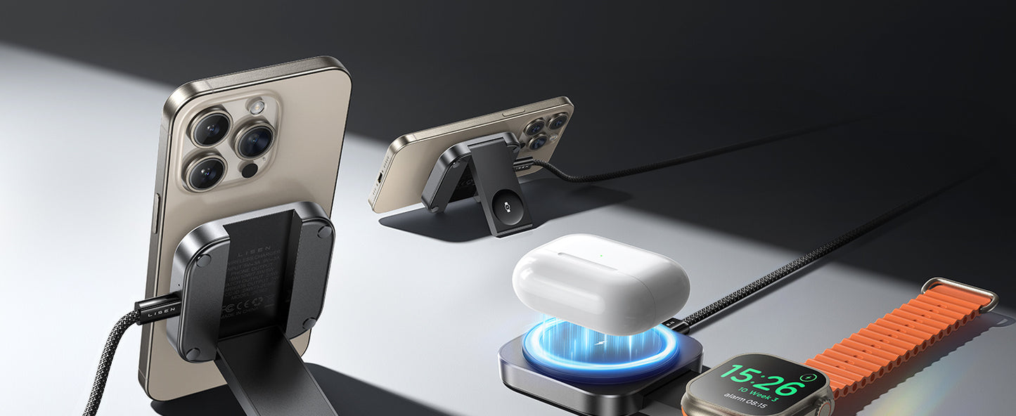 LISEN Third Generation Magnetic Wireless Charger Base, Mini Charging Station, Travel Charging Pad, Portable, Suitable for Multiple Devices, Mobile Phones/ Earphones/ Smart watches, Ffast charging, Long-lasting Life