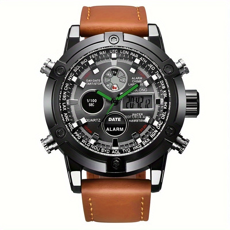 Dual-display Fashion Watch Leather Belt Men's Watch Multi-function Sports Electronic Watch Ideal Choice For Gifts