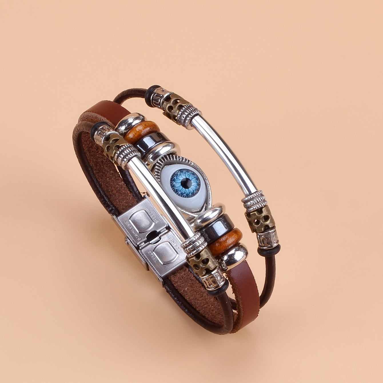 Eye Beaded Bracelet With PU Leather Chain Punk Style Hand Jewelry