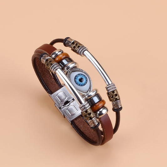Eye Beaded Bracelet With PU Leather Chain Punk Style Hand Jewelry