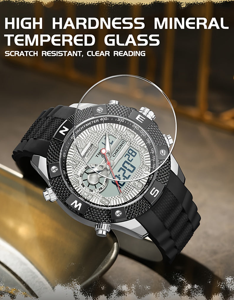 SANDA Men's Sports Watch, Analog Digital LED Electronic Quartz Men's Watch, Waterproof Alarm Stopwatch Countdown Week Multi-function Wristwatch Men's Birthday Holiday Gift 3308