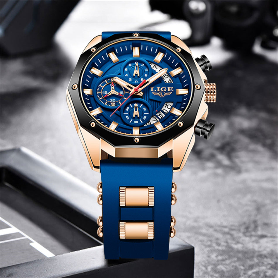 LIGE Mens Watches With Silicone Strap Sport Chronograph Quartz Watch