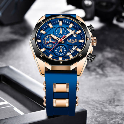 LIGE Mens Watches With Silicone Strap Sport Chronograph Quartz Watch
