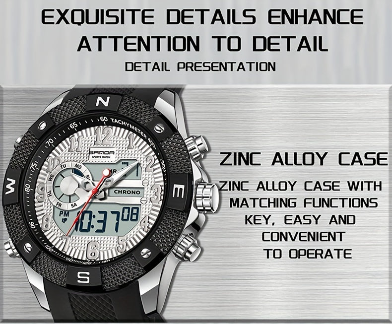 SANDA Men's Sports Watch, Analog Digital LED Electronic Quartz Men's Watch, Waterproof Alarm Stopwatch Countdown Week Multi-function Wristwatch Men's Birthday Holiday Gift 3308