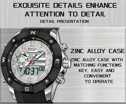 SANDA Men's Sports Watch, Analog Digital LED Electronic Quartz Men's Watch, Waterproof Alarm Stopwatch Countdown Week Multi-function Wristwatch Men's Birthday Holiday Gift 3308