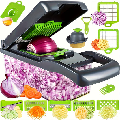 1 Set, 16in1 Vegetable Chopper, Multifunctional Fruit Slicer, Manual Food Grater, Vegetable Slicer, Cutter With Container And 8 Blades, Onion Mincer Chopper, Household Potato Shredder, Kitchen Stuff, Kitchen Gadgets, Dorm Ess