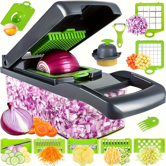 1 Set, 16in1 Vegetable Chopper, Multifunctional Fruit Slicer, Manual Food Grater, Vegetable Slicer, Cutter With Container And 8 Blades, Onion Mincer Chopper, Household Potato Shredder, Kitchen Stuff, Kitchen Gadgets, Dorm Ess