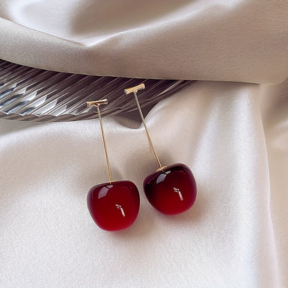 1pc, Fruit Cherry Drop Earrings, Red Fruit Fashion Jewelry, Size 2.11cm X 4.32cm