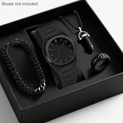 4pcs Modern Minimalist Black Quartz Watch Set - Roman Numeral Dial, Unisex Business & Casual Watches with Silicone Strap, Elegant Gift Box Included for Men & Women - Affordable Luxury Analog Watches for Everyday & Special Occ