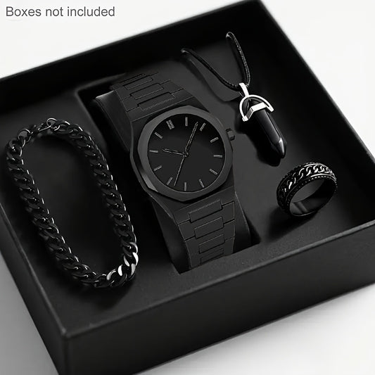 4pcs Modern Minimalist Black Quartz Watch Set - Roman Numeral Dial, Unisex Business & Casual Watches with Silicone Strap, Elegant Gift Box Included for Men & Women - Affordable Luxury Analog Watches for Everyday & Special Occ
