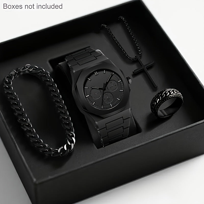 4pcs Men's Luxury Quartz Watch & Accessory Gift Set - Black Modern Polygonal Dial Analog Watch with Black Dial & White Hands, Black Strap, Matching Necklace & Ring - Battery-Powered Quartz Movement, Ideal Christmas/Birthday G