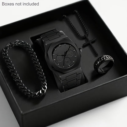 4pcs Men's Luxury Quartz Watch & Accessory Gift Set - Black Modern Polygonal Dial Analog Watch with Black Dial & White Hands, Black Strap, Matching Necklace & Ring - Battery-Powered Quartz Movement, Ideal Christmas/Birthday G