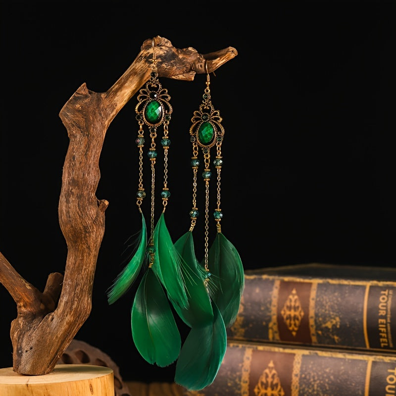 Boho Glam Feather & Crystal Earrings - Mardi Gras Vintage Jewelry for Year-Round Festivities