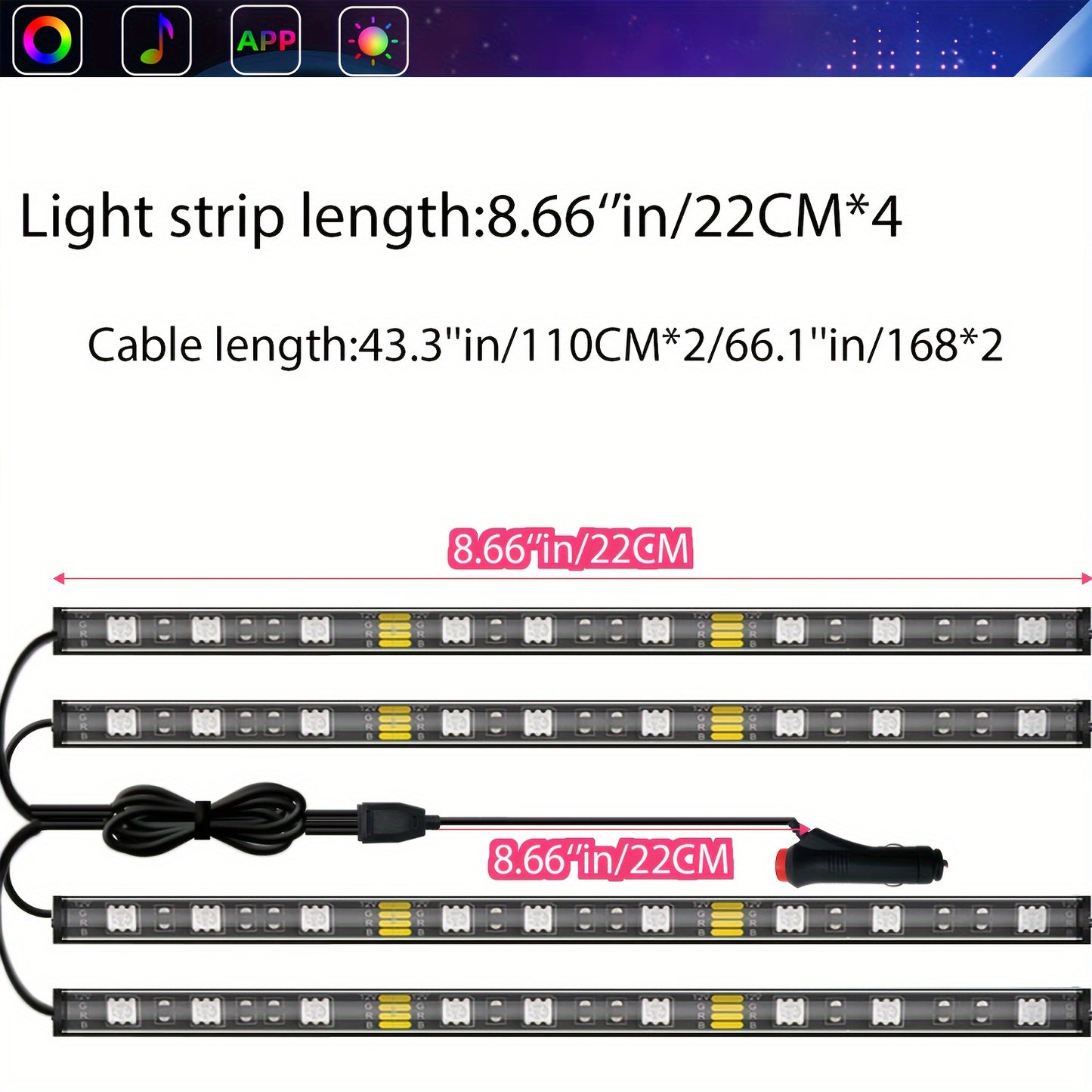 4 LED Smart Car Light Strips, 12V Music Synchronized Color-changing Light Strips, App, 44-key Remote Control, DIY Mode Brightness Adjustment Lights, For Various Car Models
