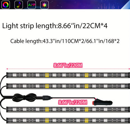 4 LED Smart Car Light Strips, 12V Music Synchronized Color-changing Light Strips, App, 44-key Remote Control, DIY Mode Brightness Adjustment Lights, For Various Car Models