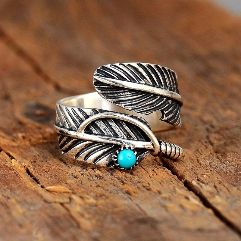 Vintage Feather Turquoise Open Ring Jewelry For Women