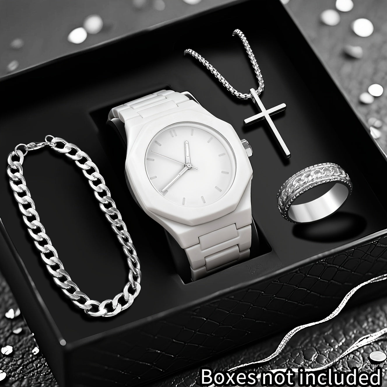 4pcs Men's Luxury Quartz Watch & Accessory Gift Set - Black Modern Polygonal Dial Analog Watch with Black Dial & White Hands, Black Strap, Matching Necklace & Ring - Battery-Powered Quartz Movement, Ideal Christmas/Birthday G