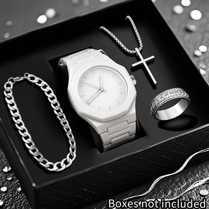 4pcs Men's Luxury Quartz Watch & Accessory Gift Set - Black Modern Polygonal Dial Analog Watch with Black Dial & White Hands, Black Strap, Matching Necklace & Ring - Battery-Powered Quartz Movement, Ideal Christmas/Birthday G