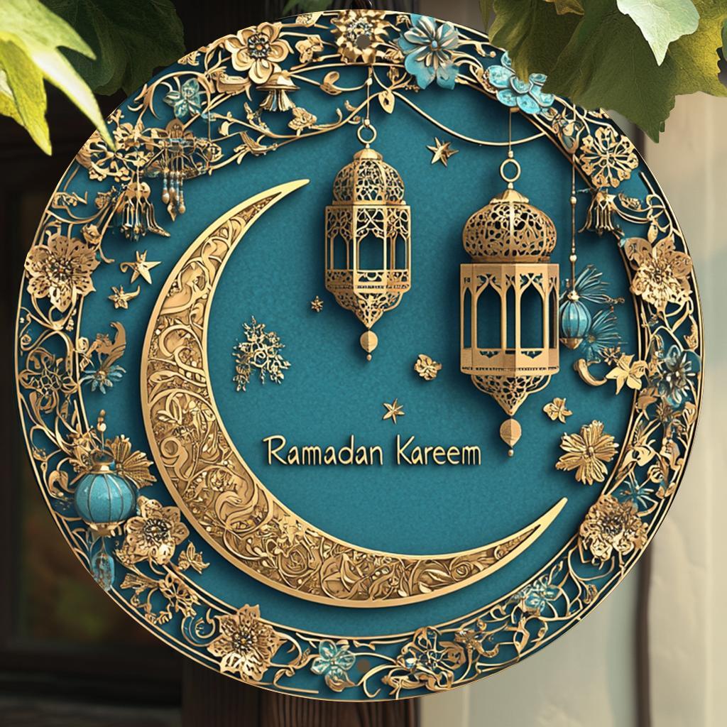 1pc Ramadan Kareem Aluminum Wall Art - 20.32x20.32 cm 2D Flat Printed Moon and Lantern Decor, No Power Needed, Ideal for Home, Office, and Party Decoration, Versatile for Christmas, Thanksgiving, St. Patrick's, Valentine'S Da