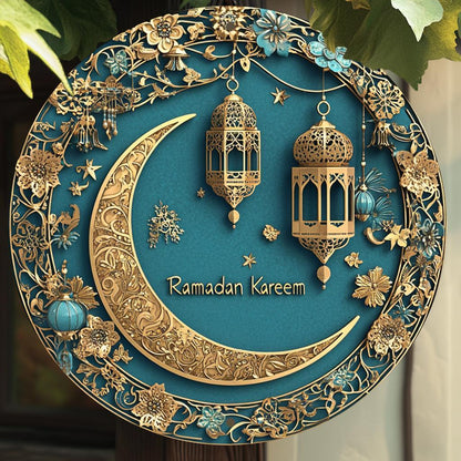 1pc Ramadan Kareem Aluminum Wall Art - 20.32x20.32 cm 2D Flat Printed Moon and Lantern Decor, No Power Needed, Ideal for Home, Office, and Party Decoration, Versatile for Christmas, Thanksgiving, St. Patrick's, Valentine'S Da