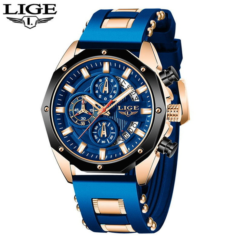 LIGE Mens Watches With Silicone Strap Sport Chronograph Quartz Watch