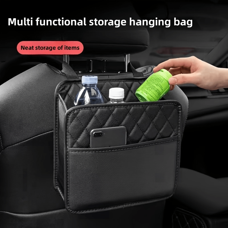 1pc Faux Leather Car Seat Back Storage Bag - Spacious, Durable, Easy to Clean Hanging Organizer for Water Bottles, Snacks, and Phone - Perfect for All Car Models, Car Organization | Quilted Texture | Durable Material, Car Sto