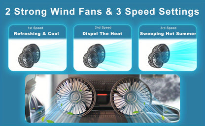 1 Pc Car Fan, Car Small Air Conditioner, Double-headed Rear Fan, Strong Wind, 360 Degrees Rotation, Large Air Volume, Subwoofer Operation, Base Fixed Clip Mounting Method, Suitable For Car Home