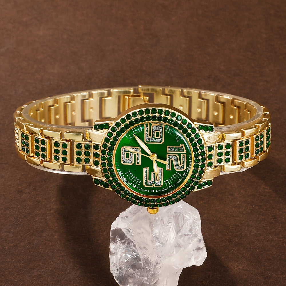 "Dazzling Digital" Luxury 6-Piece Women'S Fashion Set: Green Rhinestone Quartz Watch With Gold Band & Matching Jewelry - Perfect Gift For Her