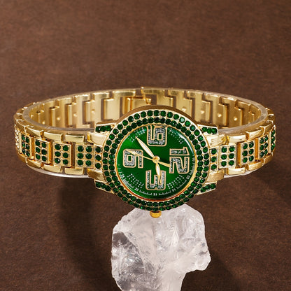 "Dazzling Digital" Luxury 6-Piece Women'S Fashion Set: Green Rhinestone Quartz Watch With Gold Band & Matching Jewelry - Perfect Gift For Her