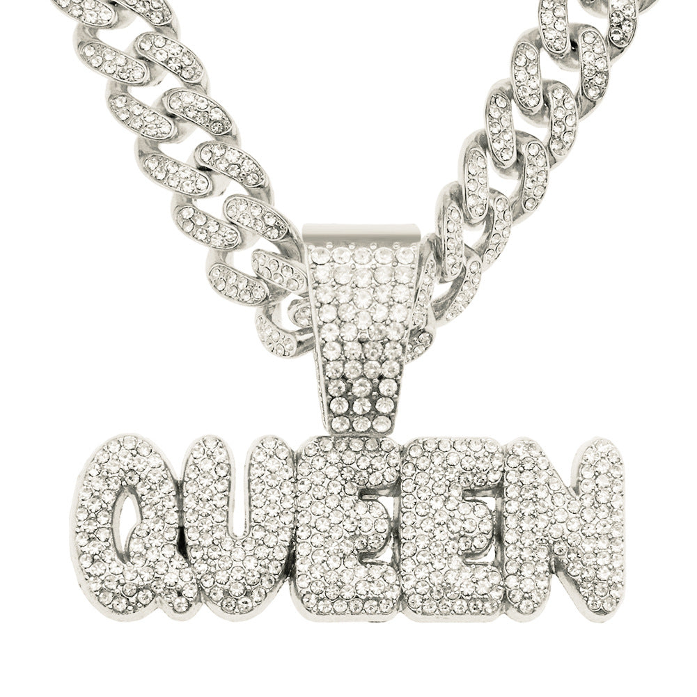 Full Diamond Alphabet Queen Pendant Necklace