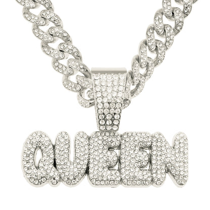 Full Diamond Alphabet Queen Pendant Necklace