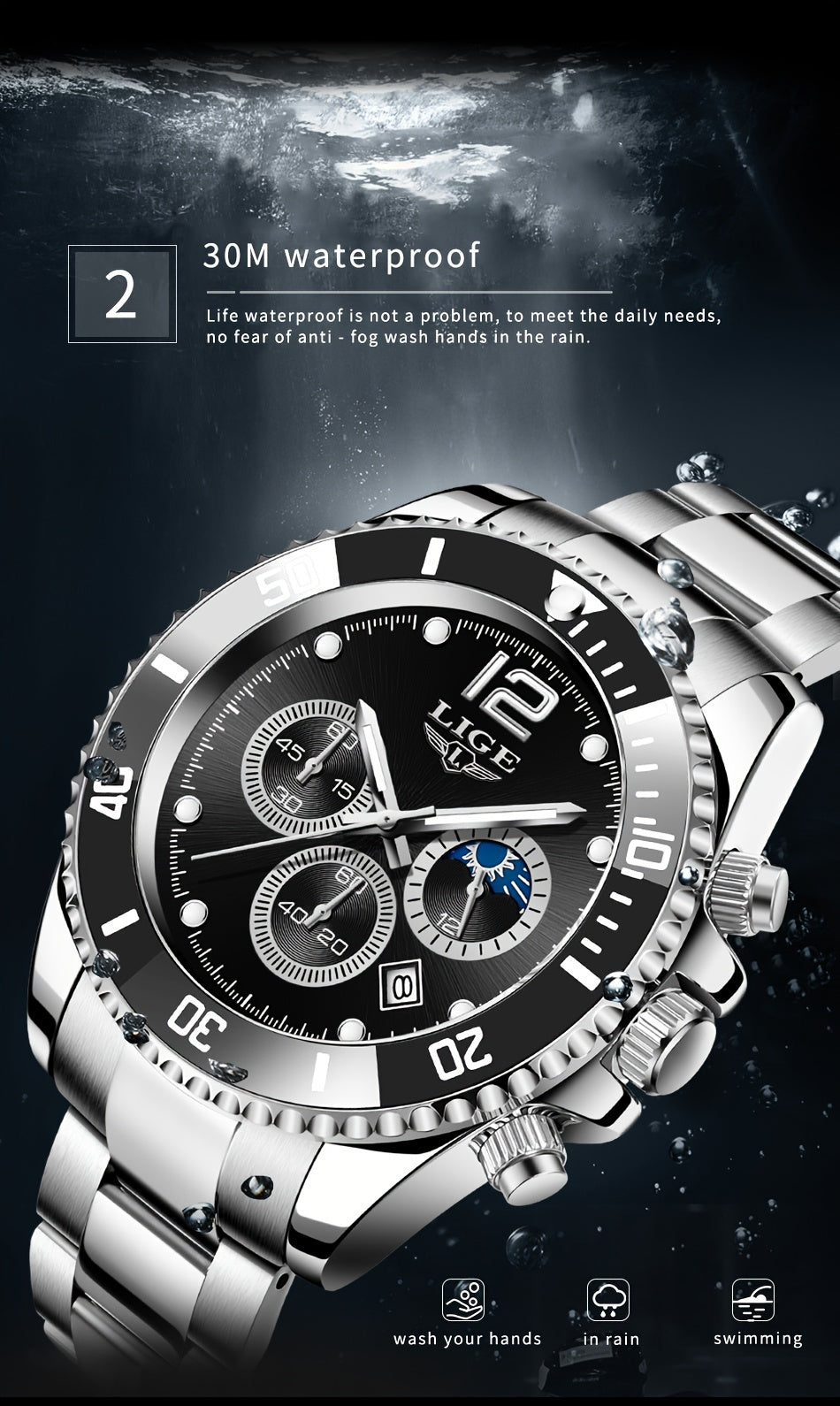 LIGE Watches men&women's Top Brand Luxury Clock Casual Stainless Steel men&women's Watch Sports Quartz Chronograph, Suitable for Women&women