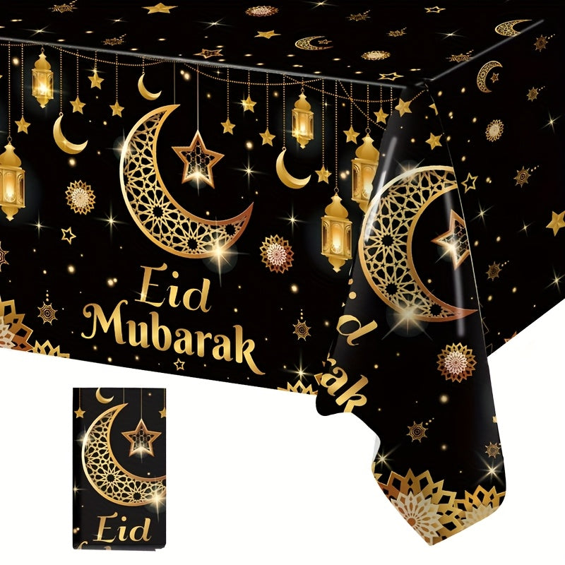 1pc,Moon Star Lantern Eid Mubarak Tablecloth,130*220cm PE Tablecover,Black Gold Table Cloth,Ramadan Decoration for Home,Eid Al-Fitr Gifts,Islamic Muslim Party Supplies,Ramadan Kareem Eid Al Adha Table Decoration