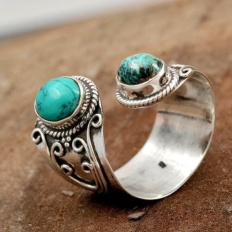 Vintage Boho Style Synthetic Faux Gemstone Ring with Zinc Alloy, Single Ring, Mosaic Design, Adjustable Band, Fashion Jewelry Accessory