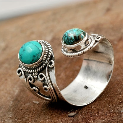 Vintage Boho Style Synthetic Faux Gemstone Ring with Zinc Alloy, Single Ring, Mosaic Design, Adjustable Band, Fashion Jewelry Accessory