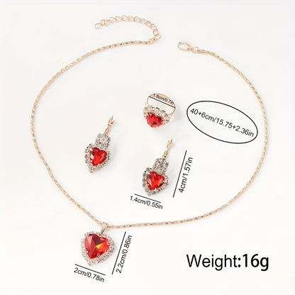 Fashionable 5-Piece Ladies Quartz Wrist Watch Set with Heart Jewelry - Round Red Dial PU Leather Band Zinc Alloy Case Non- Analog Watches with Matching Necklace, Ring, and Earrings