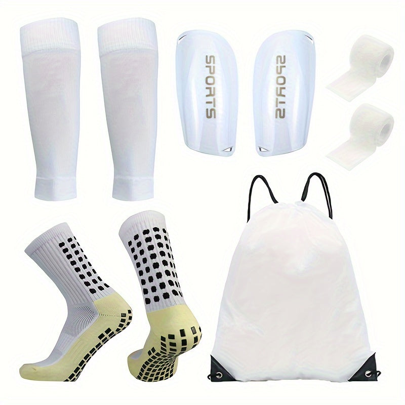 5-Piece Soccer Sports Gear Set with Silicone Grip Football Socks, Shin Guards, Protective Gear, Drawstring Backpack and Sports Tapes - Polyester and Elastane Knitted Tube Socks Solid Color Hand and Machine Washable