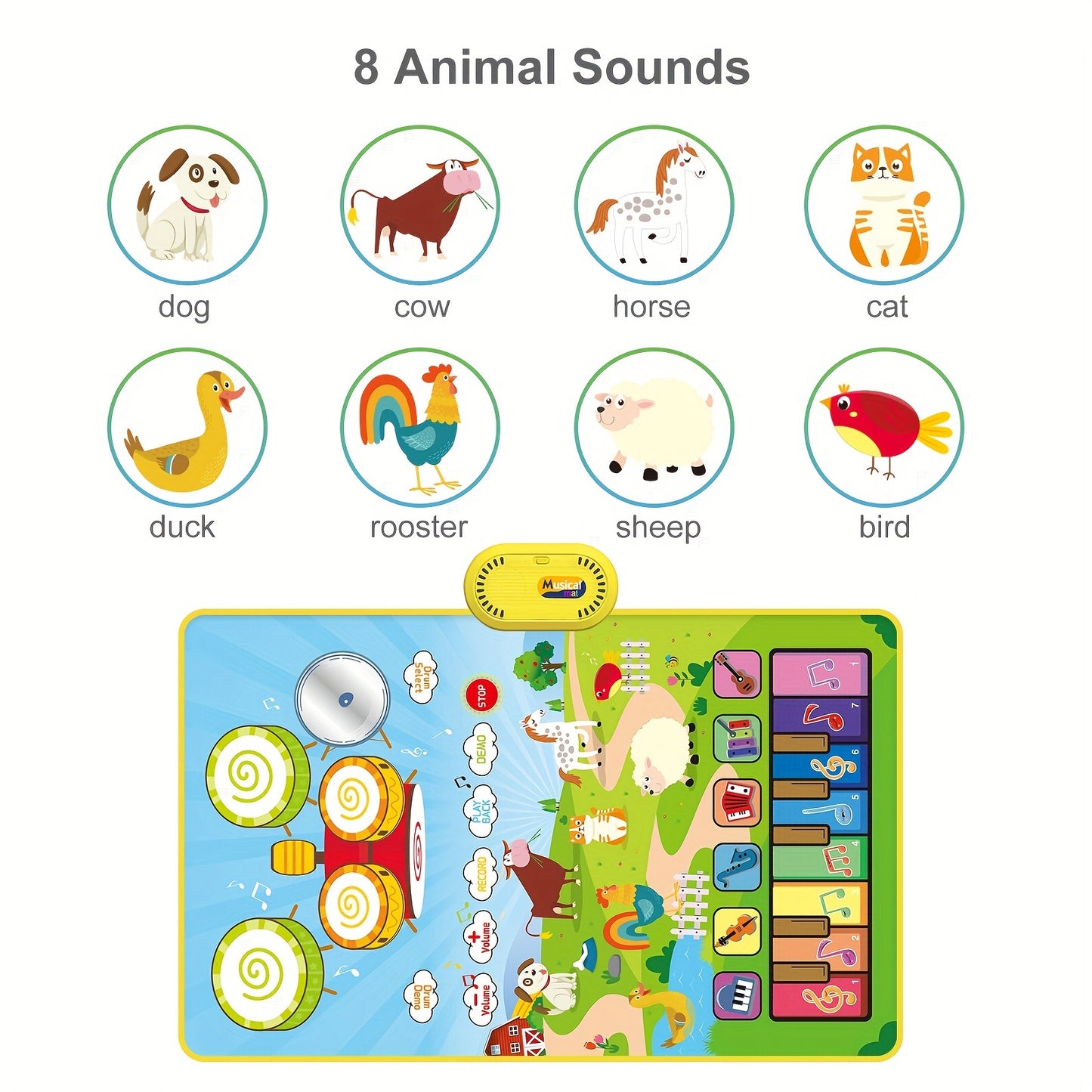 Musical Toys With 8 Animal Sounds, Musical Mat With Piano Keyboard & Drum Set With 2 Sticks, 3 Instrument Sounds/13 Demo, Interactive Toy, Birthday/Christmas Gifts, Gaming Gift