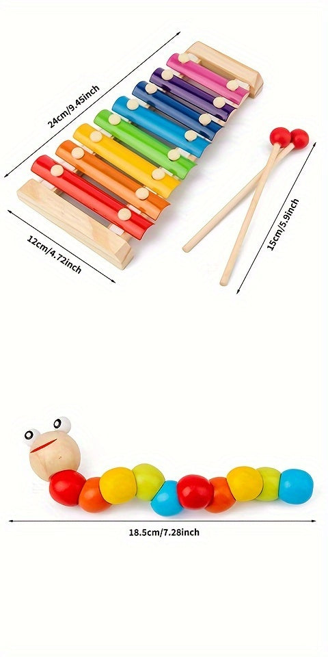 5-in-1 Montessori Nursery Wooden Eight Piano Set Gifts, Enlightenment Clock Toys, Caterpillar Shaped, Multifunctional Teaching Toys, Building Blocks Focus Exercise Toys