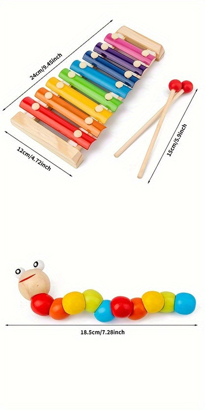 5-in-1 Montessori Nursery Wooden Eight Piano Set Gifts, Enlightenment Clock Toys, Caterpillar Shaped, Multifunctional Teaching Toys, Building Blocks Focus Exercise Toys