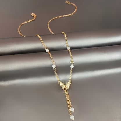 Elegant Butterfly Pendant Necklace With Faux Pearls, Chic Fashion Jewelry, Vacation-Style Ladies' Accessory, Perfect Gift Idea