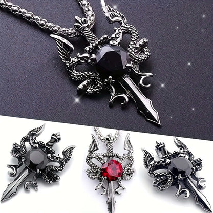 Gothic Knight Double Dragon Cross Sword Pendant Necklace - Vintage Punk Rock Style, Alloy with Black & Red Synthetic Gemstonestone Accents, Ideal for Couples, Parties & Gifts, Festive Jewelry|Punk Rock Jewelry|Intricate Craft