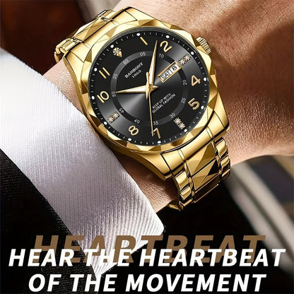 Banbony Men's Casual Stainless Steel Quartz Watch with Rhinestone Accents, Round Dial, Glow in Dark, Water-Resistant IPX7, Date Calendar Feature, Electronic Movement, Alloy Strap - Multifunctional Fashion Watch for Daily, Tra