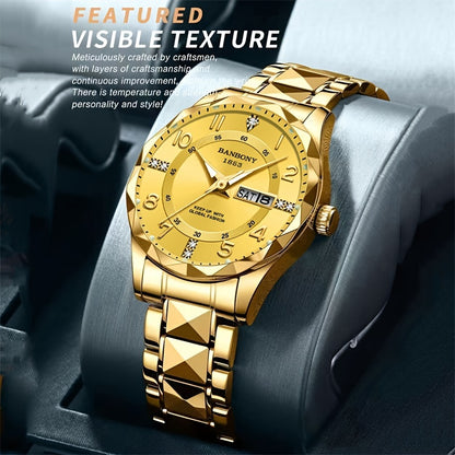 Banbony Men's Casual Stainless Steel Quartz Watch with Rhinestone Accents, Round Dial, Glow in Dark, Water-Resistant IPX7, Date Calendar Feature, Electronic Movement, Alloy Strap - Multifunctional Fashion Watch for Daily, Tra